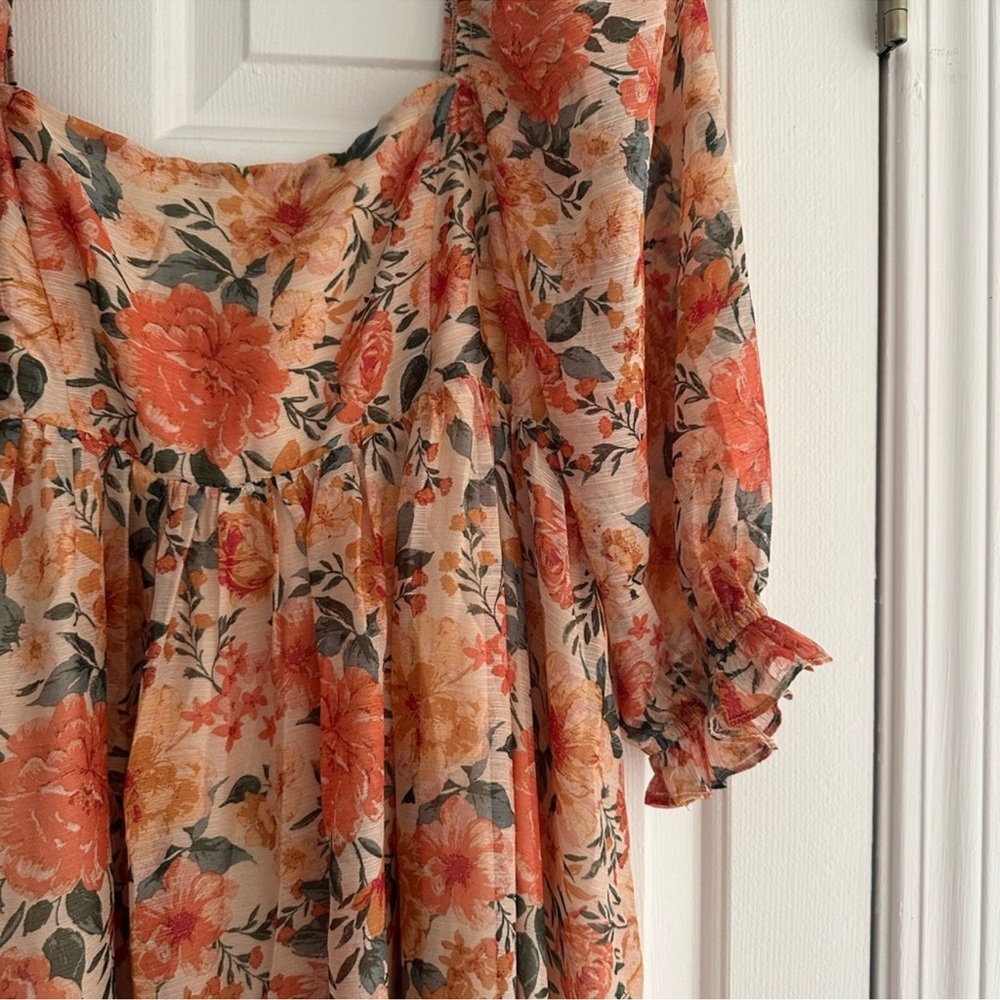 Storia Boutique Babydoll Maxi Dress Bump Friendly Peach Multi Floral Sz L - Picture 3 of 4